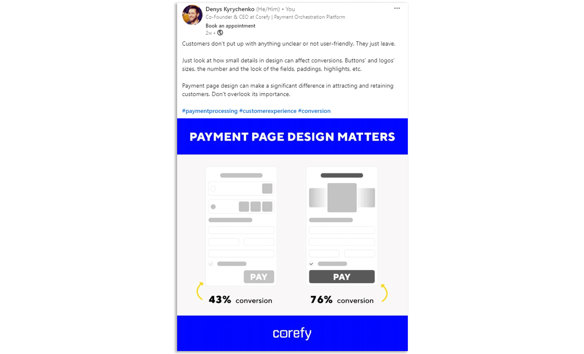 post by Denys Kyrychenko on Linkedin on checkout page design